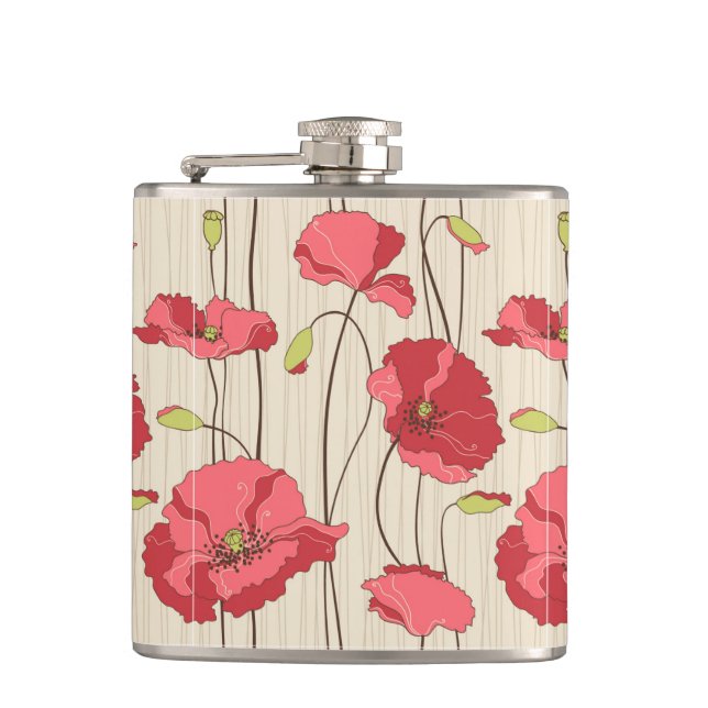 Retro Poppies Pattern Hip Flask (Front)