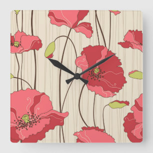 Retro Poppies Pattern Square Wall Clock
