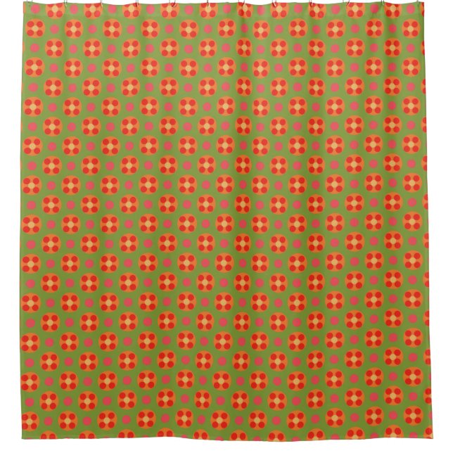 Retro Poppy Red Flowers and Polka Dots on Green Shower Curtain (Front)