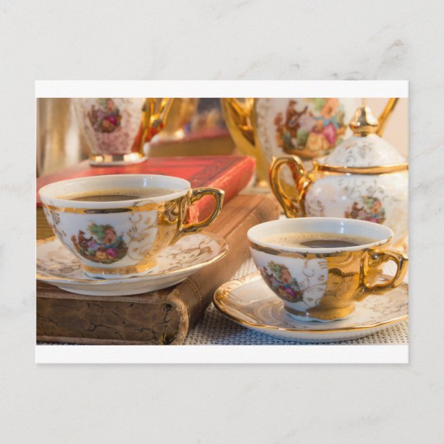 Retro porcelain coffee cups with hot espresso postcard (Front)