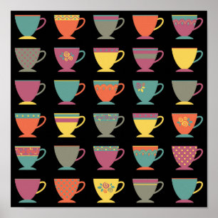 Retro porcelain tea cups, colourful coffee mugs poster