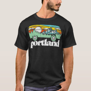 Retro Portland Oregon Hippie Van Mountains Trees   T-Shirt