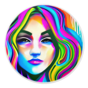 Retro Portrait of a Woman with Rainbow Hair Ceramic Knob