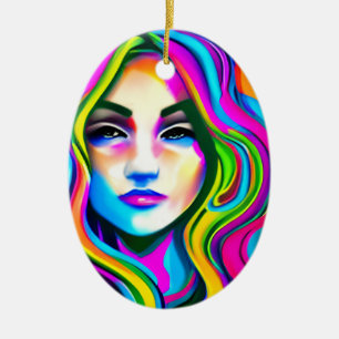 Retro Portrait of a Woman with Rainbow Hair Ceramic Ornament
