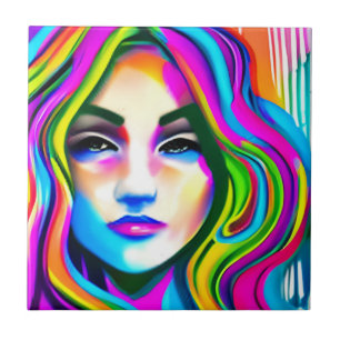 Retro Portrait of a Woman with Rainbow Hair Ceramic Tile