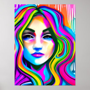 Retro Portrait of a Woman with Rainbow Hair Poster