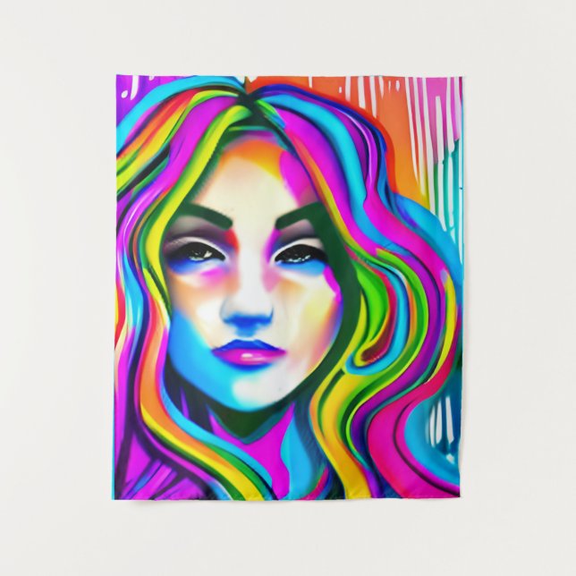 Retro Portrait of a Woman with Rainbow Hair Tapestry (Front)