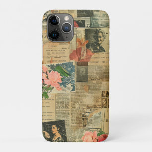 Retro Portrait Orchid Newspaper Botanical Collage iPhone 11 Pro Case
