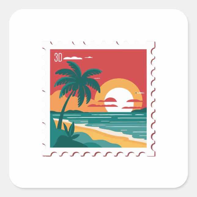 Retro Post Stamp - Beach, Plam, Ocean, and Sunset Square Sticker (Front)