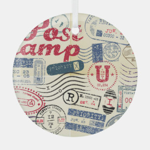 Retro post stamps, vintage collection. glass tree decoration