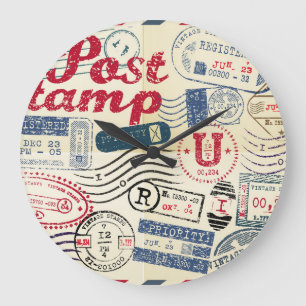 Retro post stamps, vintage collection. large clock