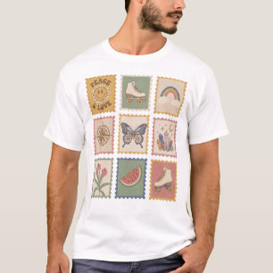 Retro Postage Stamp Grid Peace Love Roller Skates T-Shirt