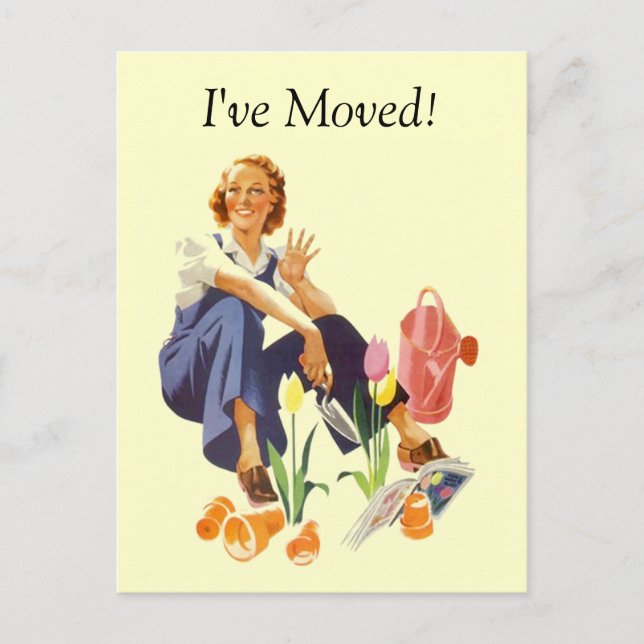 Retro Postcard Plant Flower Garden Lady I've Moved (Front)
