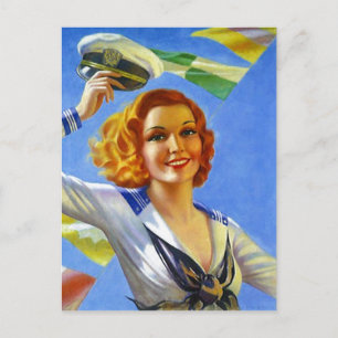 Retro Postcard Sailor's Gal Pin-Up Girl Sailing
