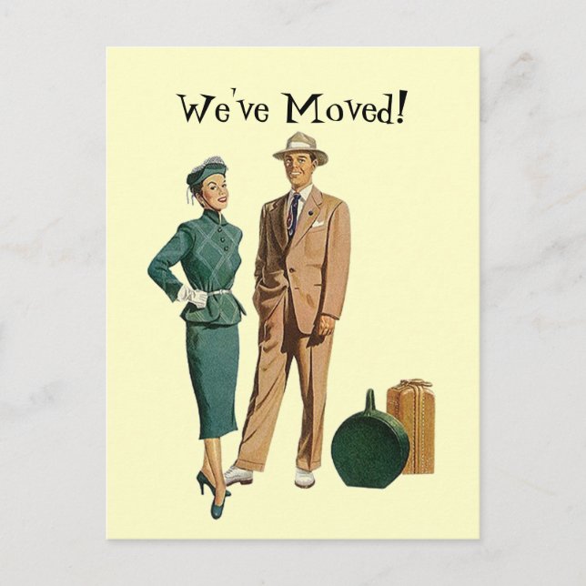 Retro Postcard Vintage Couple Announce We've Moved (Front)