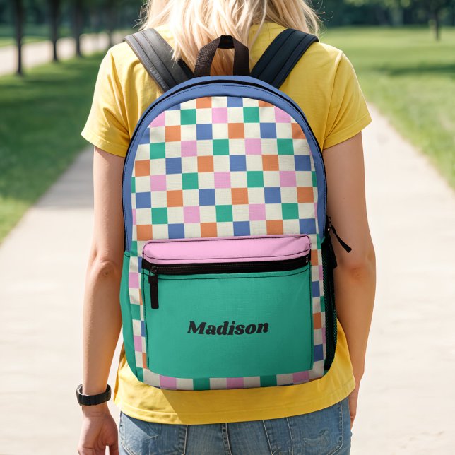 Retro Preppy Colourful Chequered Colorblock Printed Backpack (Creator Uploaded)