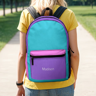 Retro Preppy Purple, Teal & Pink 90's Colour Block Printed Backpack