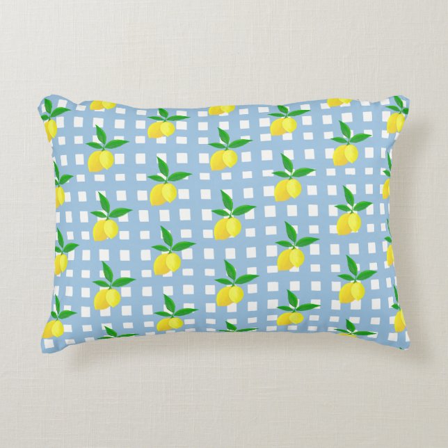 Retro Preppy Style Yellow Lemons Blue White Check Decorative Cushion (Front)