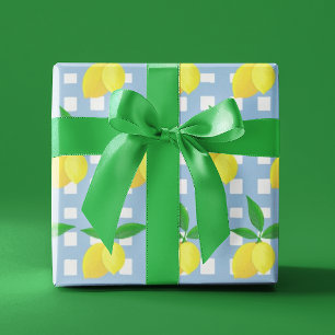 Retro Preppy Style Yellow Lemons Blue White Check Wrapping Paper