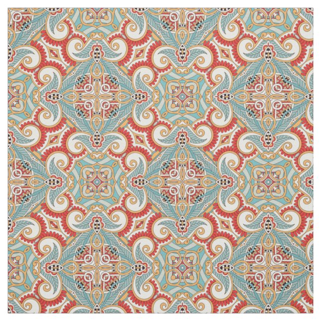 Retro Pretty Chic Red Teal Floral Mosaic Pattern Fabric (Swatch)
