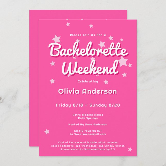 Retro Pretty Pink Malibu Stars Bachelorette  Invitation (Front/Back)