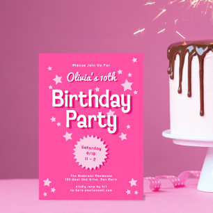 Retro Pretty Pink Stars Birthday Party Invitation