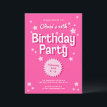 Retro Pretty Pink Stars Birthday Party Invitation<br><div class="desc">This retro inspired birthday party invitation features a bright pink background,  retro inspired typography. The back has the same bright pink colour with a white diagonal stripe pattern. The look is feminine and fun!</div>
