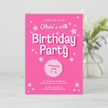 Retro Pretty Pink Stars Birthday Party Invitation<br><div class="desc">This retro inspired birthday party invitation features a bright pink background,  retro inspired typography. The back has the same bright pink colour with a white diagonal stripe pattern. The look is feminine and fun!</div>