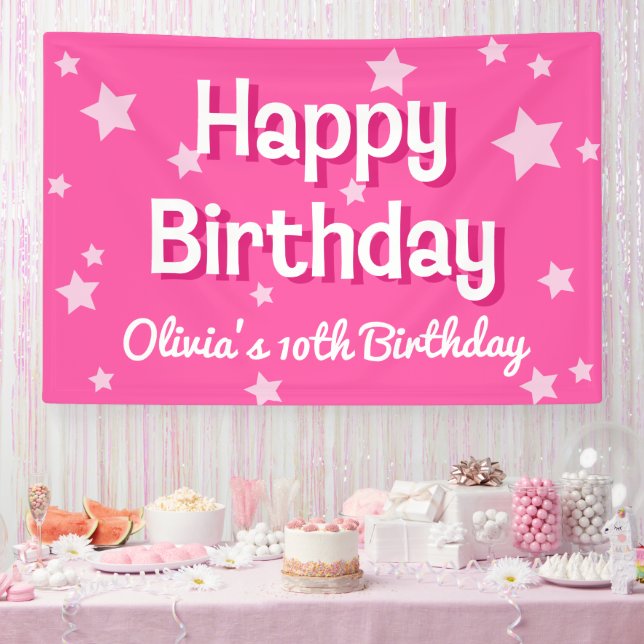 Retro Pretty Pink Stars Happy Birthday  Banner (Party)
