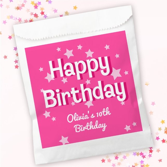 Retro Pretty Pink Stars Happy Birthday  Favour Bag (Creator Uploaded)