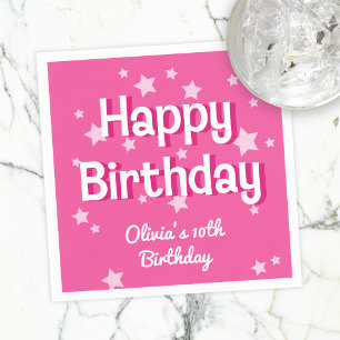 Retro Pretty Pink Stars Happy Birthday  Napkin