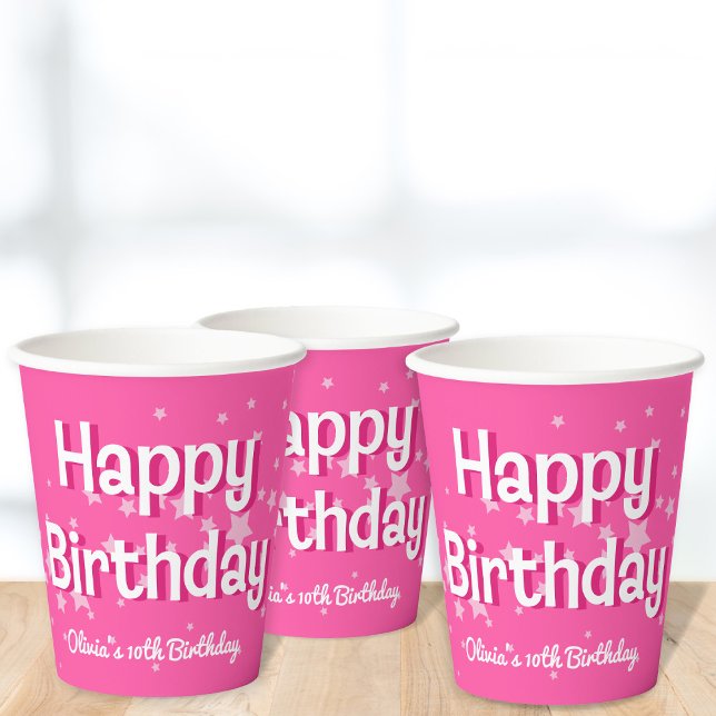 Retro Pretty Pink Stars Happy Birthday  Paper Cups (Creator Uploaded)