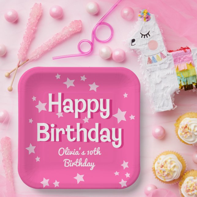 Retro Pretty Pink Stars Happy Birthday  Paper Plate (Party)