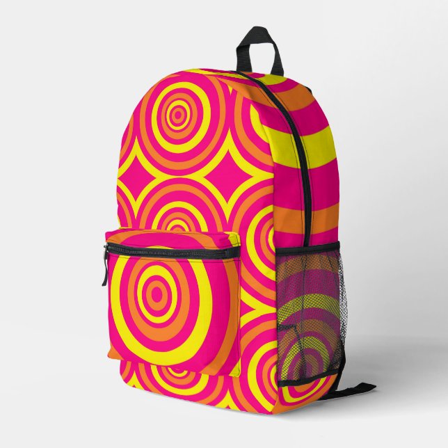 Retro Print Backpack Pink Orange Yellow Circles (Back Corner Right)