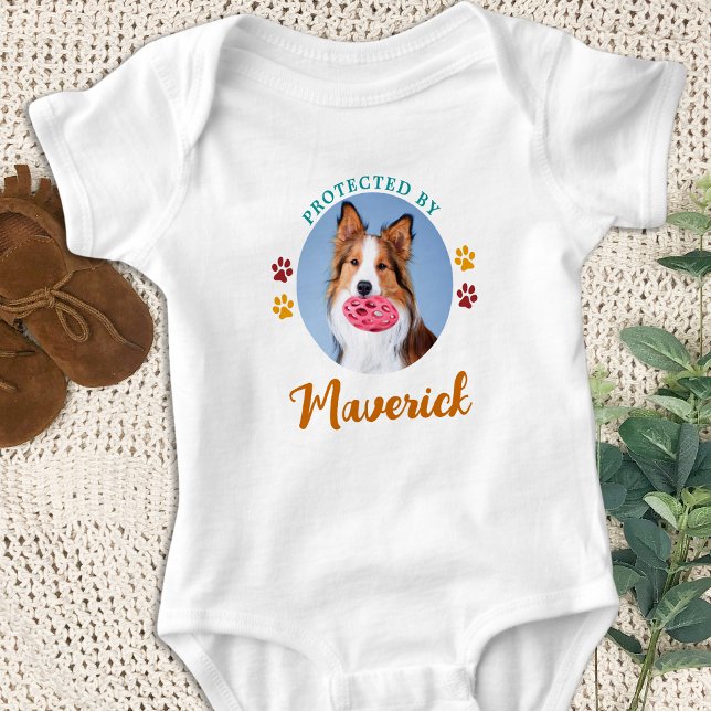 Retro Protected By Dog Custom Photo Colourful Baby Bodysuit (Creator Uploaded)