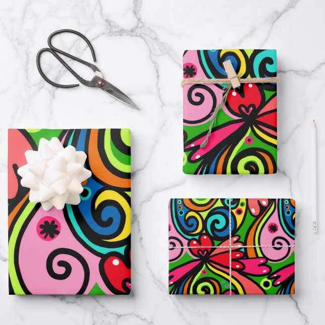 Retro Psychedelic 60s Pattern Fun & Colorful Wrapping Paper Sheet (Front)