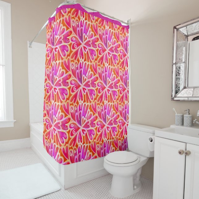Retro Psychedelic 60s Pink Hearts Abstract Design Shower Curtain (In Situ)
