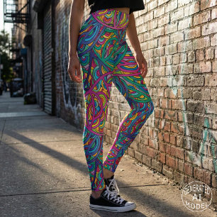 Retro Psychedelic Abstract Neon Doodle Pattern Leggings