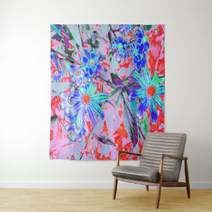 Retro Psychedelic Aqua and Orange Flowers Tapestry