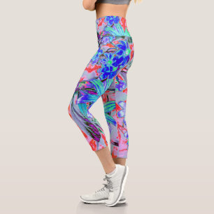 Retro Psychedelic Aqua Green and Orange Flowers Capri Leggings