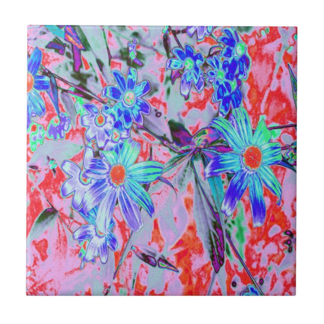 Retro Psychedelic Aqua Green and Orange Flowers Ceramic Tile (Front)