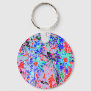 Retro Psychedelic Aqua Green and Orange Flowers Key Ring