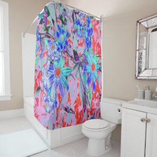 Retro Psychedelic Aqua Green and Orange Flowers Shower Curtain