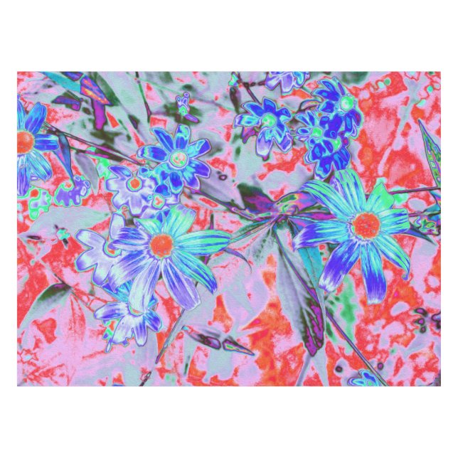 Retro Psychedelic Aqua Green and Orange Flowers Tablecloth (Front (Horizontal))