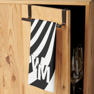 Retro Psychedelic Black White Pattern Initials  Tea Towel