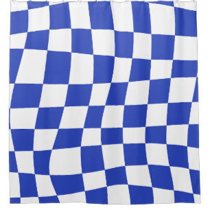 Retro Psychedelic blue wavy checkered Pattern Shower Curtain