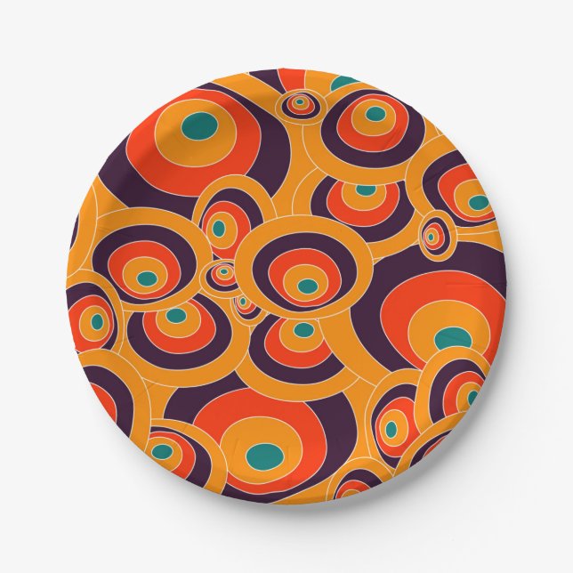 Retro Psychedelic Circles Pattern Decorative  Paper Plate (Front)
