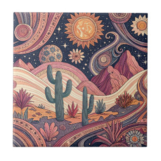 Retro Psychedelic Desert Cactus Sunset Painting Ceramic Tile