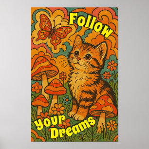 Retro Psychedelic Kitten Watching Butterfly Poster