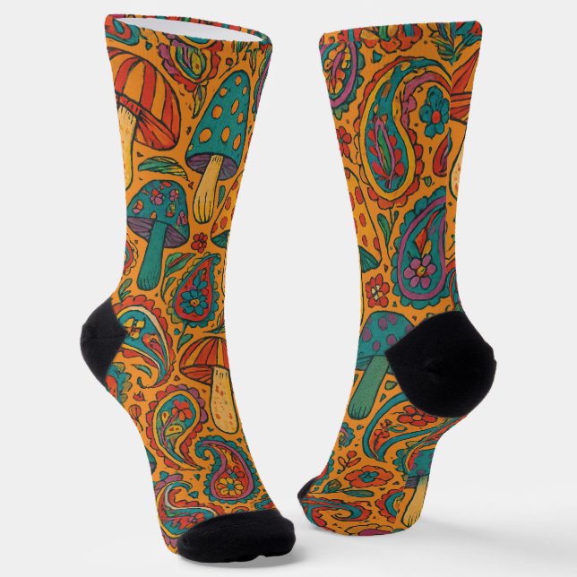 Retro Psychedelic Mushroom & Paisley Pattern Socks (Angled)